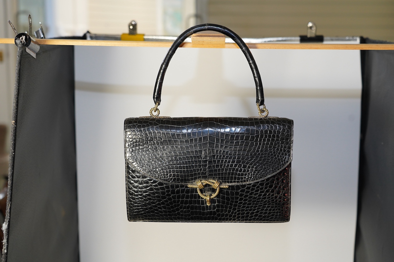 A Hermès vintage Cordeliere black crocodile handbag, height 16.5cm, top of handle 31cm, width 27.5cm, depth 5cm